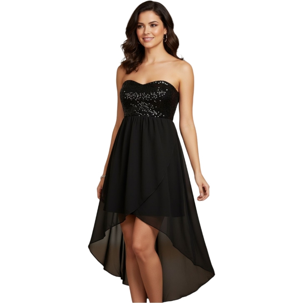 Macy's Black High-Low Chiffon Sheer Skirt Strapless Sequins Bodice Dress S/M